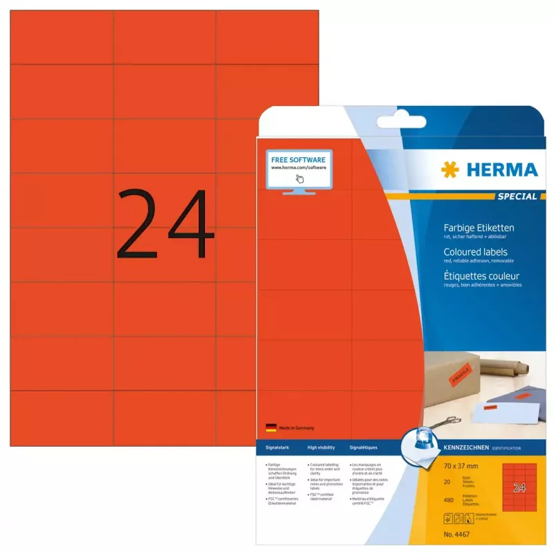Etykiety HERMA kolorowe A4 70x37 mm czerwone papierowe matowe 480 szt.
