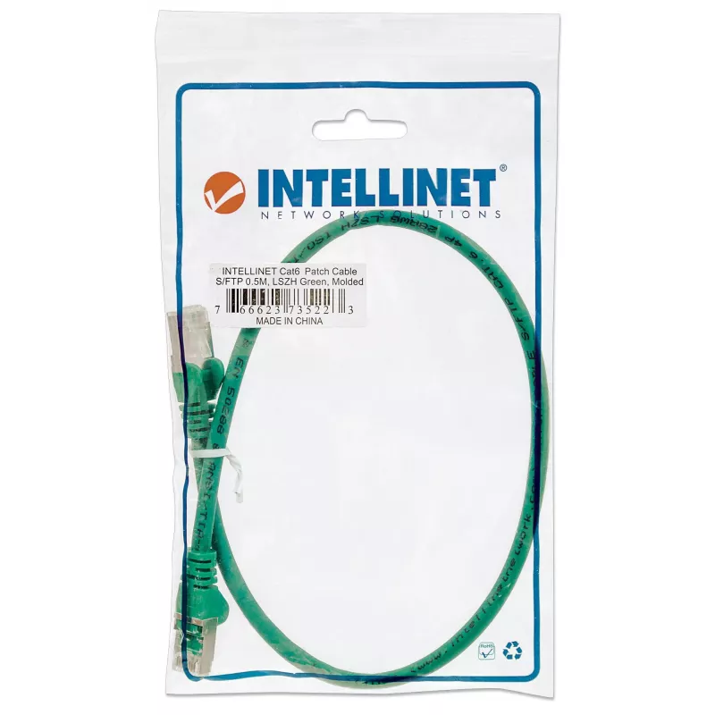 Intellinet kabel krosowy sieciowy, Kat.6, 0,5 m, zielony, miedź, S/FTP, LSOH/LSZH, PVC, RJ45, pozłacane styki, bezzaczepowa osłona, z osłoną, dożywotnia gwarancja