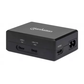 Manhattan Smart Video Multiport Dock, Porty (x5): Port HDMI, USB-A (x2), USB-C (x2), z Power Delivery do portu USB-C, wewnętrzny zasilacz, ultrakompaktowa, odłączany kabel zasilający, czarny, trzyletnia gwarancja, opakowanie detaliczne