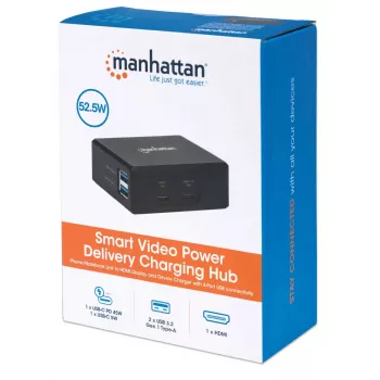 Manhattan Smart Video Multiport Dock, Porty (x5): Port HDMI, USB-A (x2), USB-C (x2), z Power Delivery do portu USB-C, wewnętrzny zasilacz, ultrakompaktowa, odłączany kabel zasilający, czarny, trzyletnia gwarancja, opakowanie detaliczne