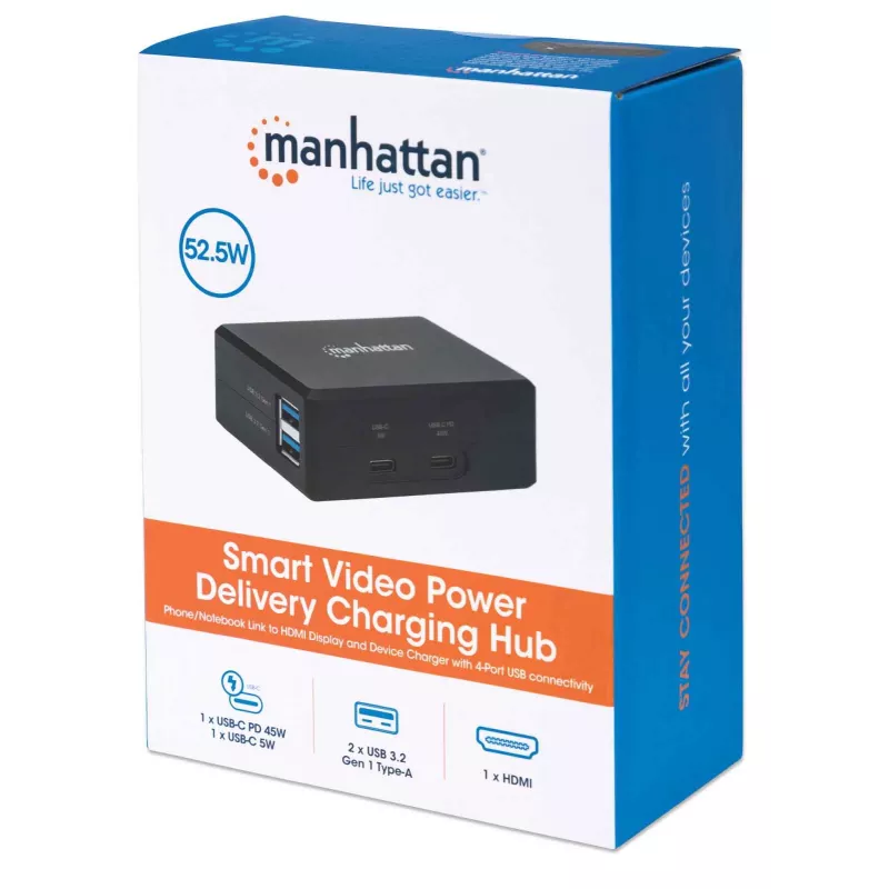 Manhattan Smart Video Multiport Dock, Porty (x5): Port HDMI, USB-A (x2), USB-C (x2), z Power Delivery do portu USB-C, wewnętrzny zasilacz, ultrakompaktowa, odłączany kabel zasilający, czarny, trzyletnia gwarancja, opakowanie detaliczne