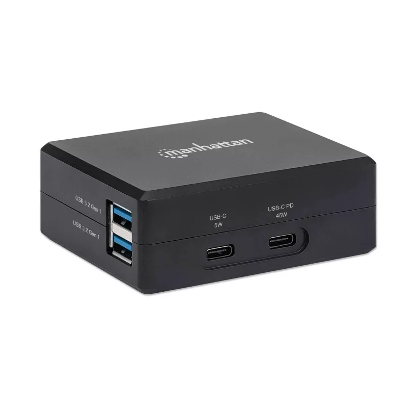 Manhattan Smart Video Multiport Dock, Porty (x5): Port HDMI, USB-A (x2), USB-C (x2), z Power Delivery do portu USB-C, wewnętrzny zasilacz, ultrakompaktowa, odłączany kabel zasilający, czarny, trzyletnia gwarancja, opakowanie detaliczne