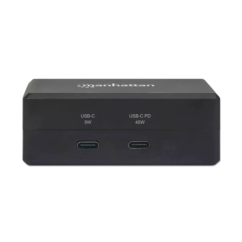 Manhattan Smart Video Multiport Dock, Porty (x5): Port HDMI, USB-A (x2), USB-C (x2), z Power Delivery do portu USB-C, wewnętrzny zasilacz, ultrakompaktowa, odłączany kabel zasilający, czarny, trzyletnia gwarancja, opakowanie detaliczne
