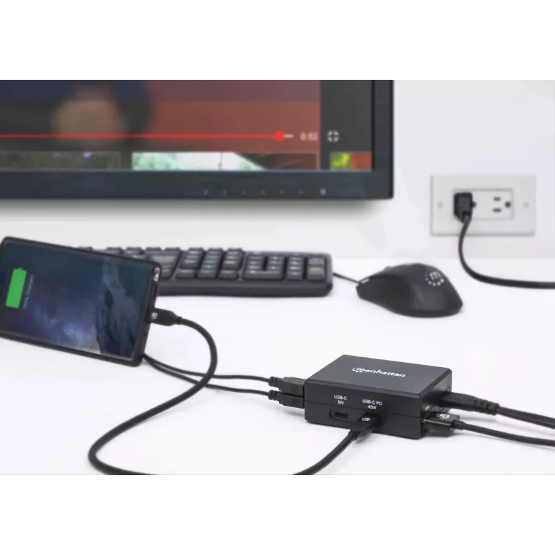Manhattan Smart Video Multiport Dock, Porty (x5): Port HDMI, USB-A (x2), USB-C (x2), z Power Delivery do portu USB-C, wewnętrzny zasilacz, ultrakompaktowa, odłączany kabel zasilający, czarny, trzyletnia gwarancja, opakowanie detaliczne