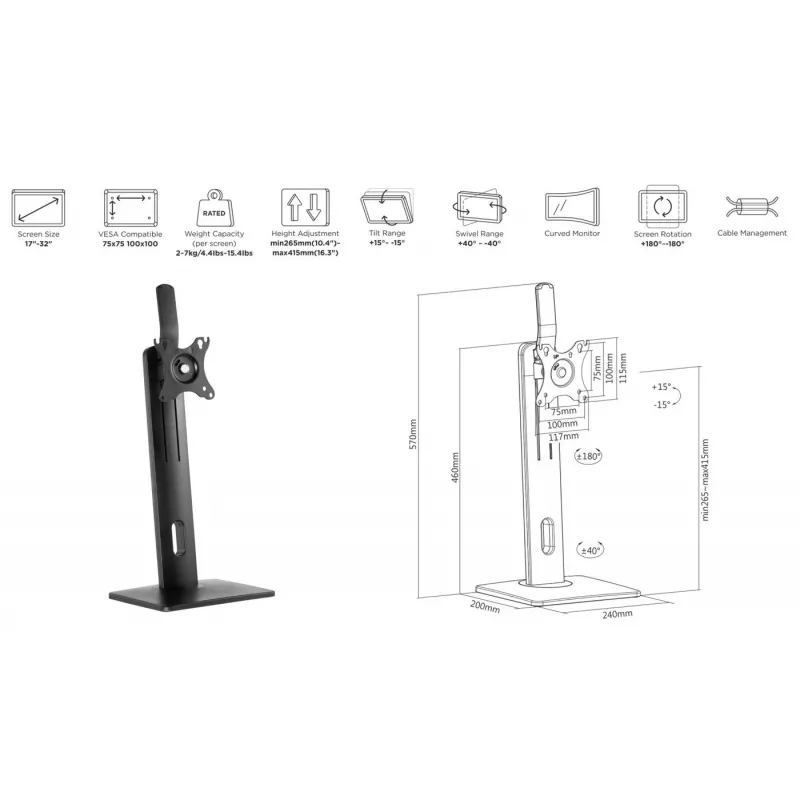eSTUFF GLB226004 uchwyt / stojak do monitora 81,3 cm (32 cale) Biurko Czarny