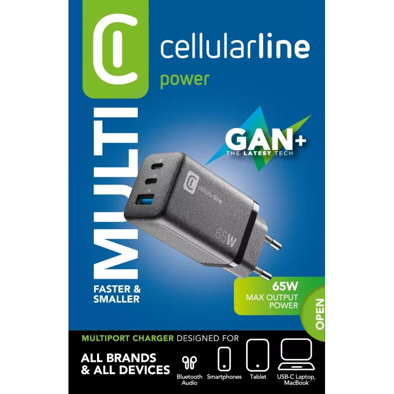 Cellularline Multipower Micro 65W Ultra-kompaktowa szybka ładowarka sieciowa 65W z 3 portami