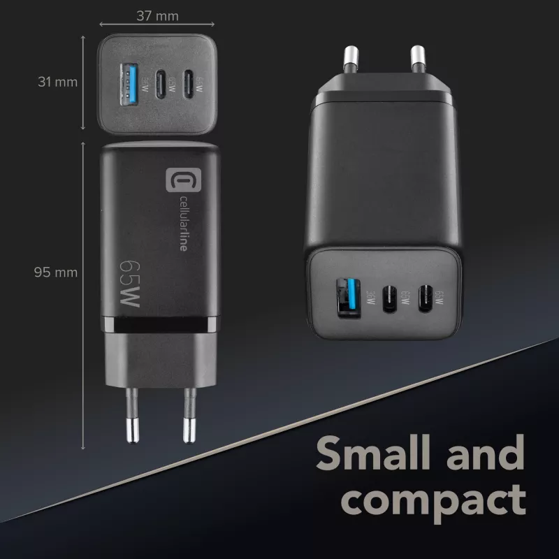 Cellularline Multipower Micro 65W Ultra-kompaktowa szybka ładowarka sieciowa 65W z 3 portami