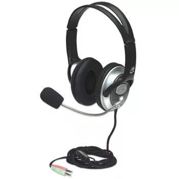Zestaw słuchawkowy nauszny Manhattan Stereo (3,5 mm), wysięgnik mikrofonu (wyściełany), regulowany stalowy pałąk na głowę, regulacja głośności na kablu, poduszki nauszne, standardowe 2x wtyk stereo 3,5 mm do audio/mikrofonu, kabel 2,5 m, 3 lata gwarancji