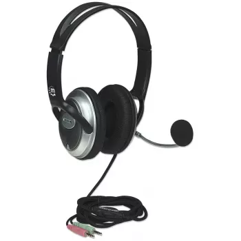 Zestaw słuchawkowy nauszny Manhattan Stereo (3,5 mm), wysięgnik mikrofonu (wyściełany), regulowany stalowy pałąk na głowę, regulacja głośności na kablu, poduszki nauszne, standardowe 2x wtyk stereo 3,5 mm do audio/mikrofonu, kabel 2,5 m, 3 lata gwarancji