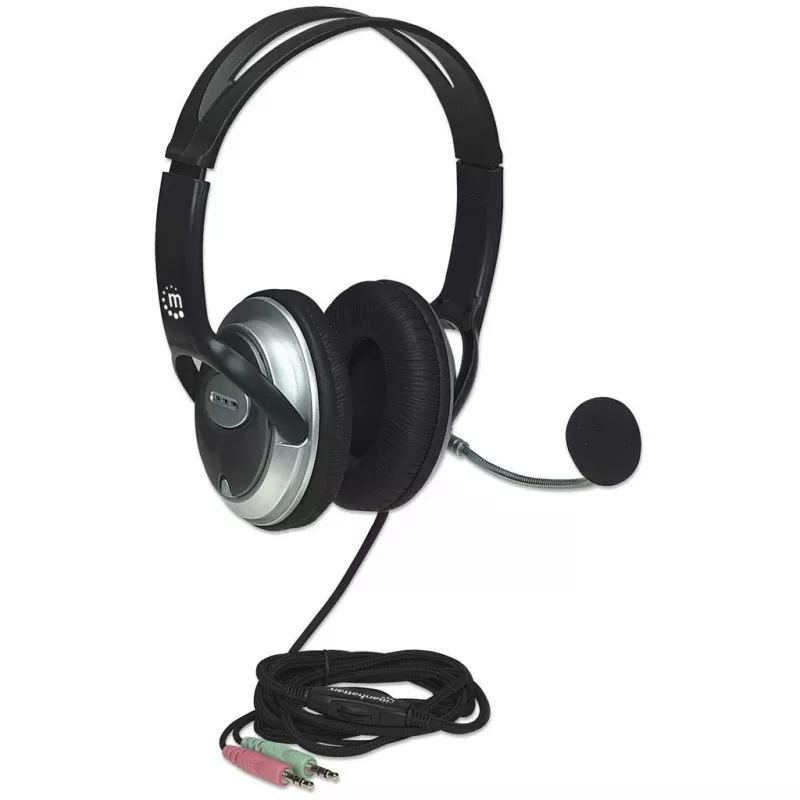 Zestaw słuchawkowy nauszny Manhattan Stereo (3,5 mm), wysięgnik mikrofonu (wyściełany), regulowany stalowy pałąk na głowę, regulacja głośności na kablu, poduszki nauszne, standardowe 2x wtyk stereo 3,5 mm do audio/mikrofonu, kabel 2,5 m, 3 lata gwarancji