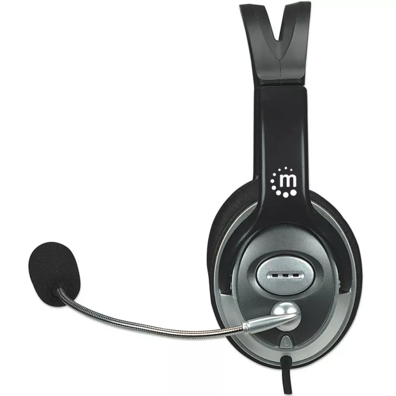 Zestaw słuchawkowy nauszny Manhattan Stereo (3,5 mm), wysięgnik mikrofonu (wyściełany), regulowany stalowy pałąk na głowę, regulacja głośności na kablu, poduszki nauszne, standardowe 2x wtyk stereo 3,5 mm do audio/mikrofonu, kabel 2,5 m, 3 lata gwarancji