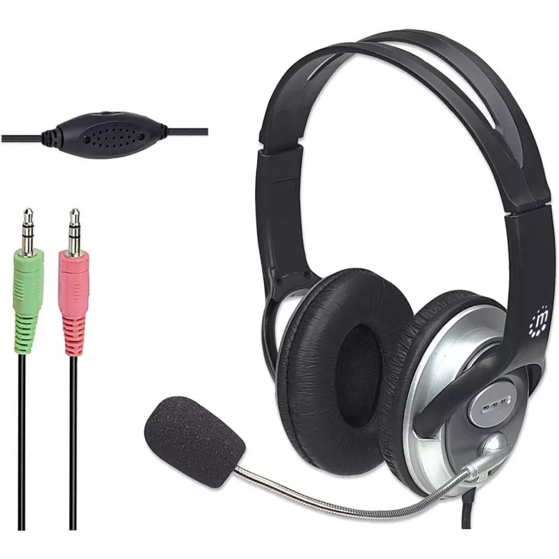 Zestaw słuchawkowy nauszny Manhattan Stereo (3,5 mm), wysięgnik mikrofonu (wyściełany), regulowany stalowy pałąk na głowę, regulacja głośności na kablu, poduszki nauszne, standardowe 2x wtyk stereo 3,5 mm do audio/mikrofonu, kabel 2,5 m, 3 lata gwarancji