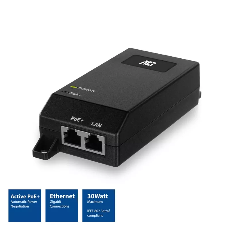 Iniektor ACT Gigabit PoE+ (30W), Gigabit Ethernet, 10,100,1000 Mbit/s, IEEE 802.3, IEEE 802.3ab, IEEE 802.3af, IEEE 802.3at, IEEE 802.3u, Czarny, 30 V, 100 - 240 V