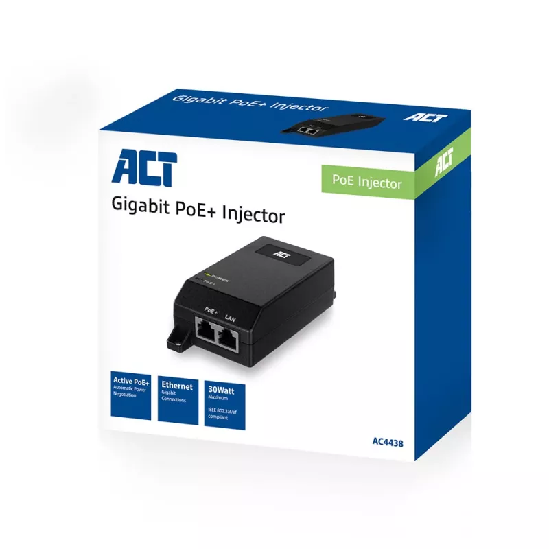 Iniektor ACT Gigabit PoE+ (30W), Gigabit Ethernet, 10,100,1000 Mbit/s, IEEE 802.3, IEEE 802.3ab, IEEE 802.3af, IEEE 802.3at, IEEE 802.3u, Czarny, 30 V, 100 - 240 V