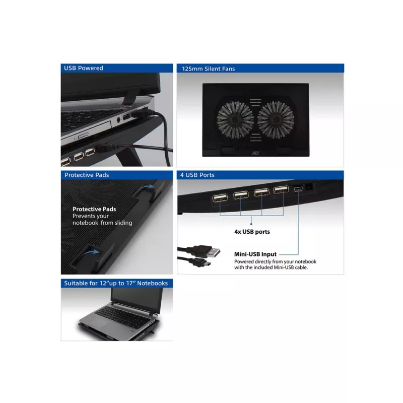 Podstawka pod laptop ACT AC8105 z wentylatorem, regulowana wysokość, 2 pozycje, hub 4-portowy