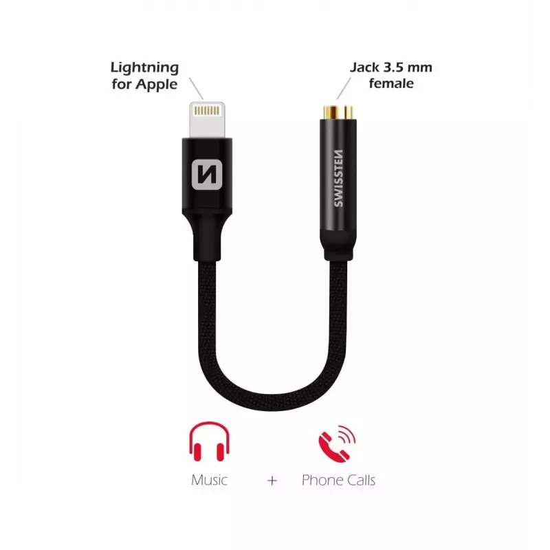 Adapter audio SWISSTEN Lightning na jack 3,5 mm SW-LIGHT-3.5MM-BK, kabel 0,15 m, czarny