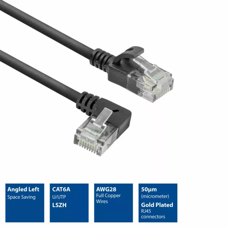 ACT Czarny 0,5 m U/UTP CAT6A LSZH Smukły kabel krosowy z wtykami RJ45 90° kątowy lewy do prostego