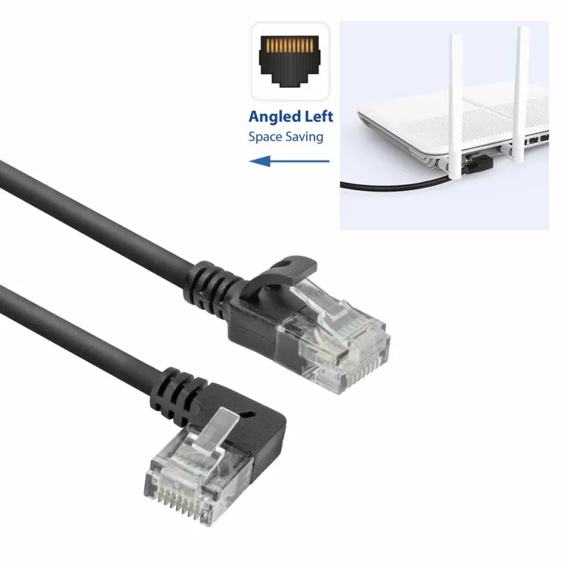ACT Czarny 0,5 m U/UTP CAT6A LSZH Smukły kabel krosowy z wtykami RJ45 90° kątowy lewy do prostego