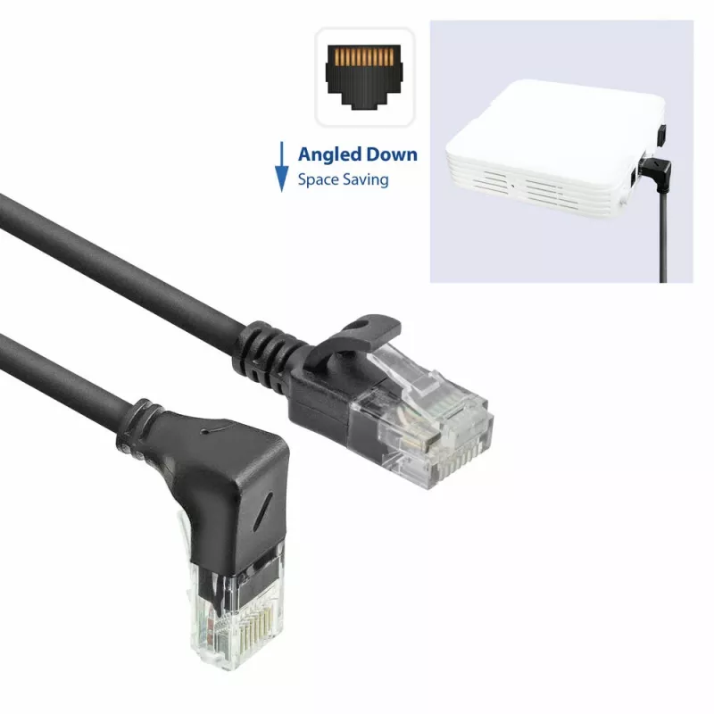 ACT Czarny 0,25 metra U/UTP CAT6A LSZH Slimline patch kabel ze złączami RJ45 90° w dół do prostego