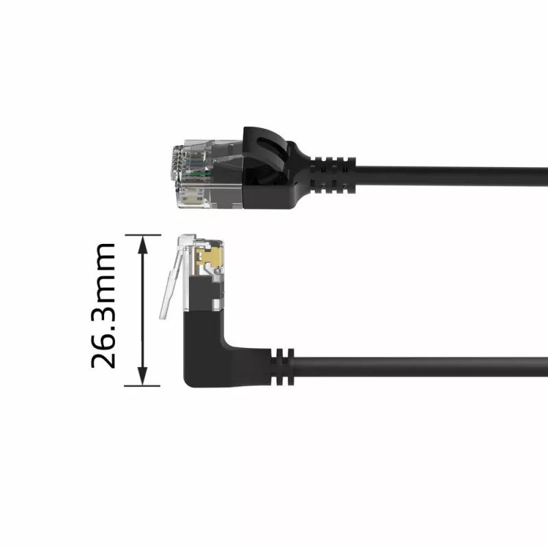 ACT Czarny 0,5 m U/UTP CAT6A LSZH Slimline patch kabel ze złączami RJ45 90° kątowym do góry do prostego