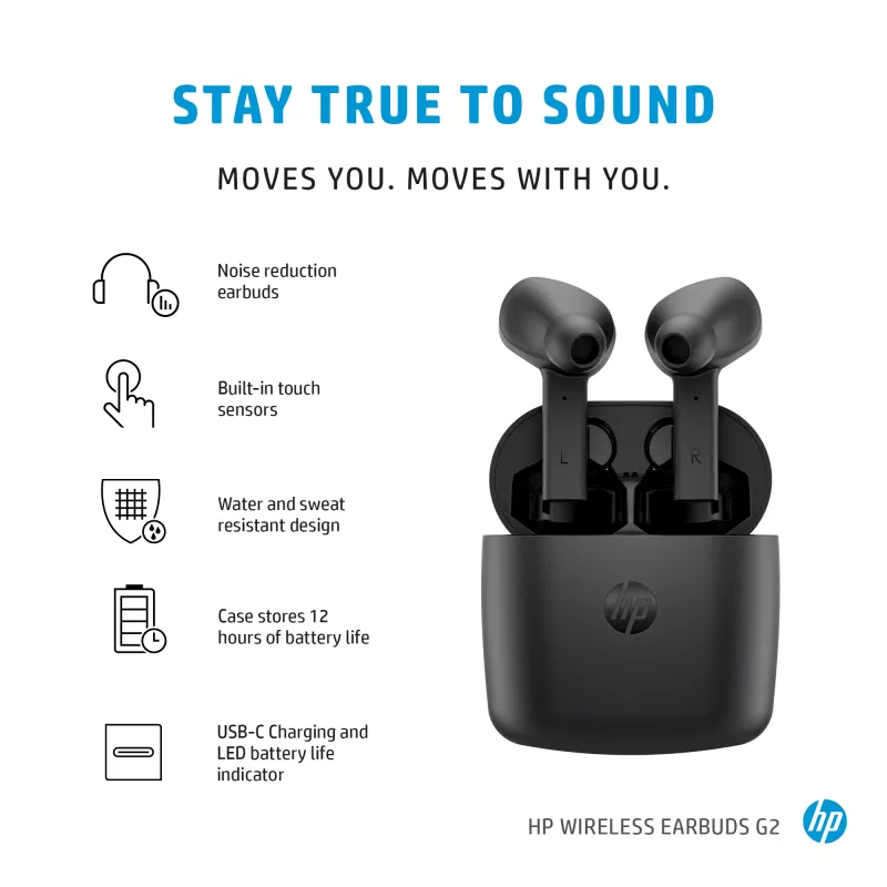 HP Wireless Earbuds G2, Bezprzewodowe, Muzyka, 12 g, Słuchawki, Czarny