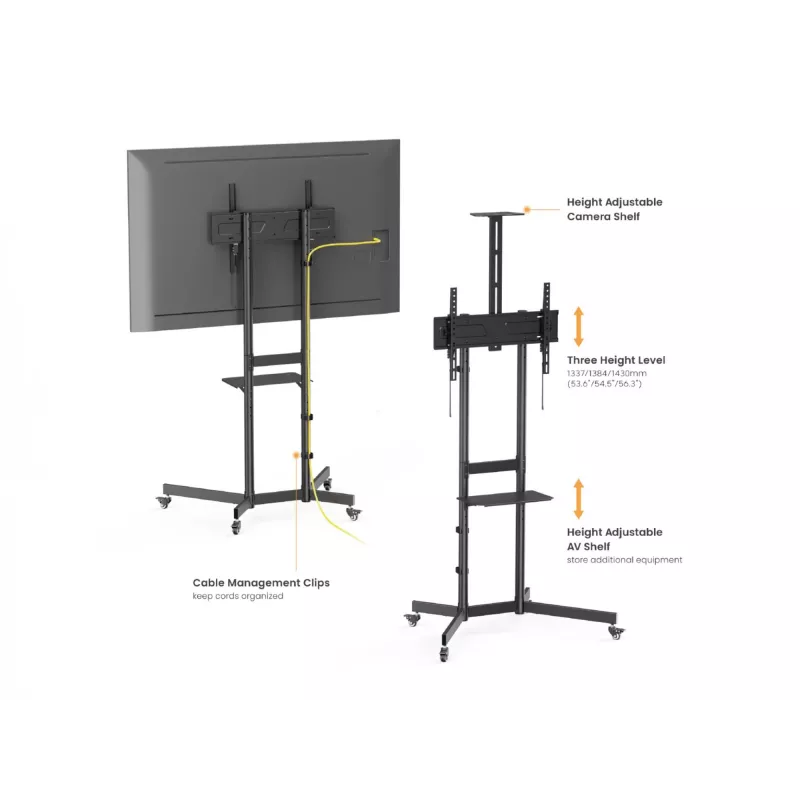 Wózek pod telewizor EQUIP 37 cali–70 cali Economy do ekranów 37–70 cali, udźwig 70 kg, VESA 100x100–600x400, wysokość 1337–1430 mm, pochylenie -10°–5°, czarny