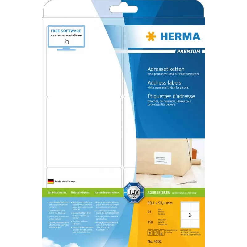 Etykiety adresowe Premium HERMA 4502 A4 99,1 x 93,1 mm
