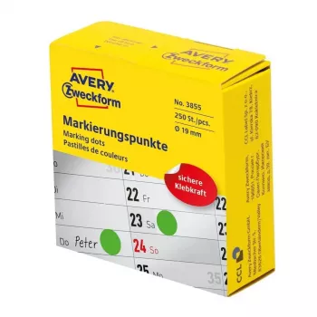 Samoprzylepne okrągłe etykiety Avery Zweckform 3855 — Zielone, trwały klej, Ø 1,9 cm, 250 szt.