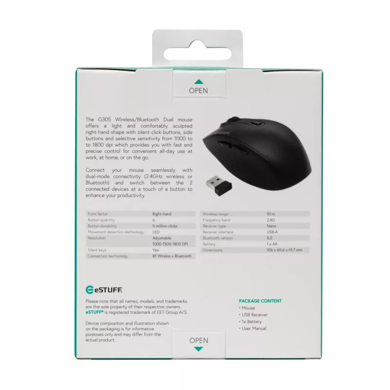 Mysz eSTUFF GLB214002 biurowa praworęczna RF Wireless + Bluetooth IR LED 1800 DPI