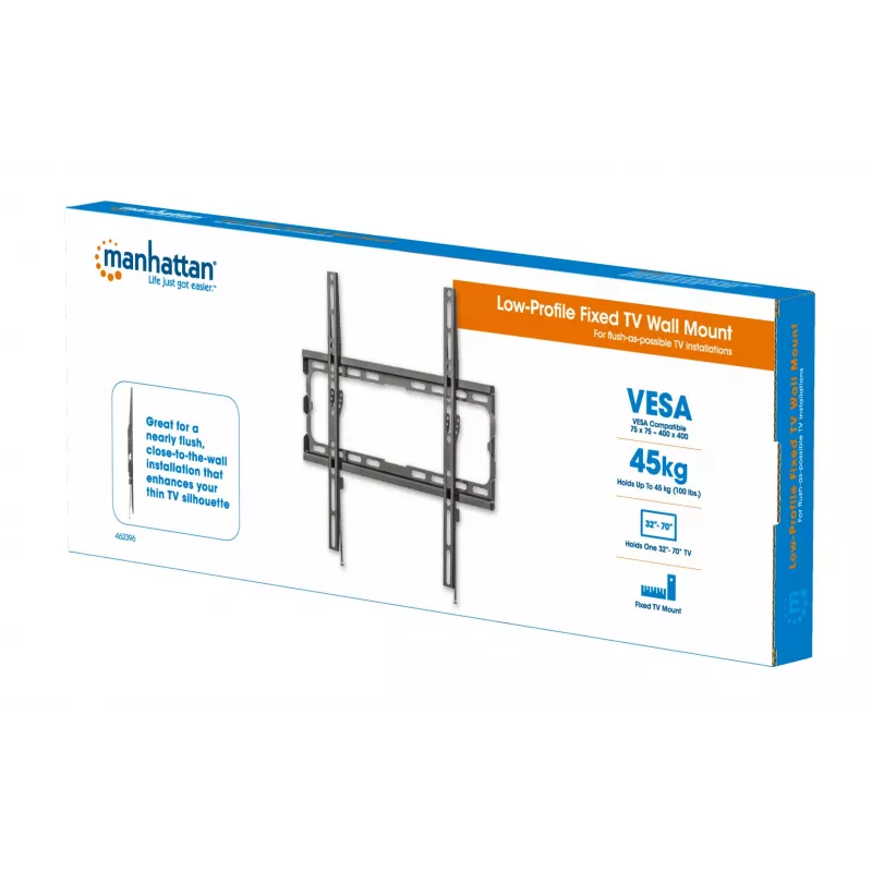 Manhattan Wall Mount for TV & Monitors (Fixed), For screens 32 inch to 55 inch, VESA compatibility: all between 200x200mm to 400x400mm - check the dimensions of the four mounting holes on back of screen to ensure it fits, Max 40kg, Czarny, Bracket