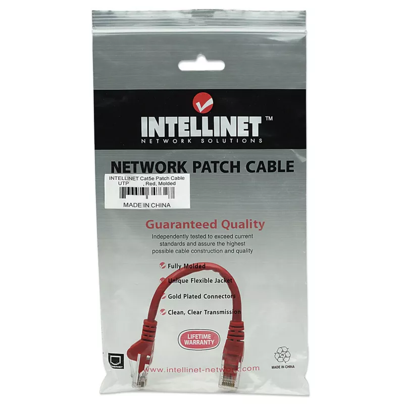 Intellinet Network kabel krosowy, Cat5e, 0.5m, czerwony, CCA, U/UTP, PVC, RJ45, pozłacane styki, snagless, osłonięte, dożywotnia gwarancja