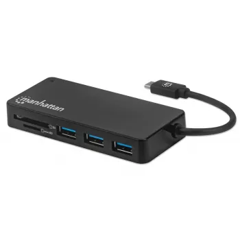 Koncentrator/stacja dokująca Manhattan USB-C z czytnikiem kart, porty (x3): USB-A (x3), 5 Gb/s (USB 3.2 Gen 1, znany jako USB 3.0), zewnętrzne zasilanie niepotrzebne, uniwersalny dla wszystkich urządzeń, SuperSpeed USB, czarny, trzyletnia gwarancja