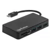 Koncentrator/stacja dokująca Manhattan USB-C z czytnikiem kart, porty (x3): USB-A (x3), 5 Gb/s (USB 3.2 Gen 1, znany jako USB 3.0), zewnętrzne zasilanie niepotrzebne, uniwersalny dla wszystkich urządzeń, SuperSpeed USB, czarny, trzyletnia gwarancja