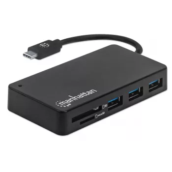 Koncentrator/stacja dokująca Manhattan USB-C z czytnikiem kart, porty (x3): USB-A (x3), 5 Gb/s (USB 3.2 Gen 1, znany jako USB 3.0), zewnętrzne zasilanie niepotrzebne, uniwersalny dla wszystkich urządzeń, SuperSpeed USB, czarny, trzyletnia gwarancja