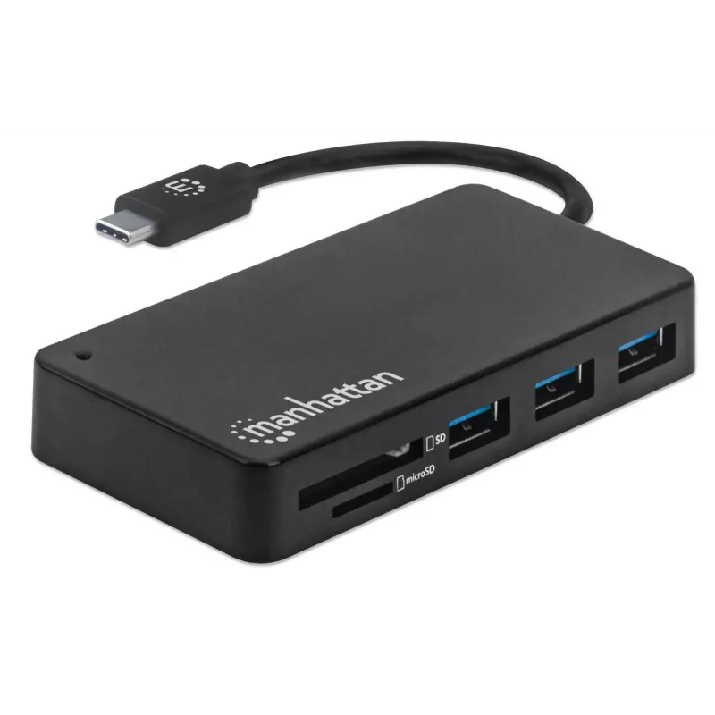 Koncentrator/stacja dokująca Manhattan USB-C z czytnikiem kart, porty (x3): USB-A (x3), 5 Gb/s (USB 3.2 Gen 1, znany jako USB 3.0), zewnętrzne zasilanie niepotrzebne, uniwersalny dla wszystkich urządzeń, SuperSpeed USB, czarny, trzyletnia gwarancja