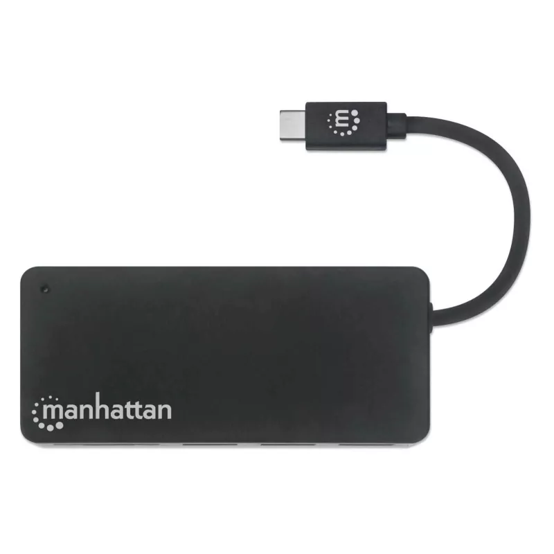 Koncentrator/stacja dokująca Manhattan USB-C z czytnikiem kart, porty (x3): USB-A (x3), 5 Gb/s (USB 3.2 Gen 1, znany jako USB 3.0), zewnętrzne zasilanie niepotrzebne, uniwersalny dla wszystkich urządzeń, SuperSpeed USB, czarny, trzyletnia gwarancja