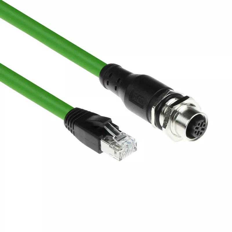 ACT Industrial 1.50 metrów przewód czujnika M12D 4-pinowy chassis żeński do RJ45 męski, przewód Superflex Xtreme TPE, ekranowany