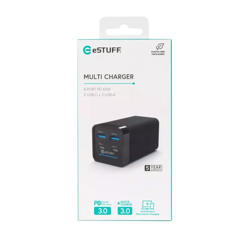 Ładowarka do urządzeń mobilnych eSTUFF ES635200 uniwersalna czarna 2 USB Type-C