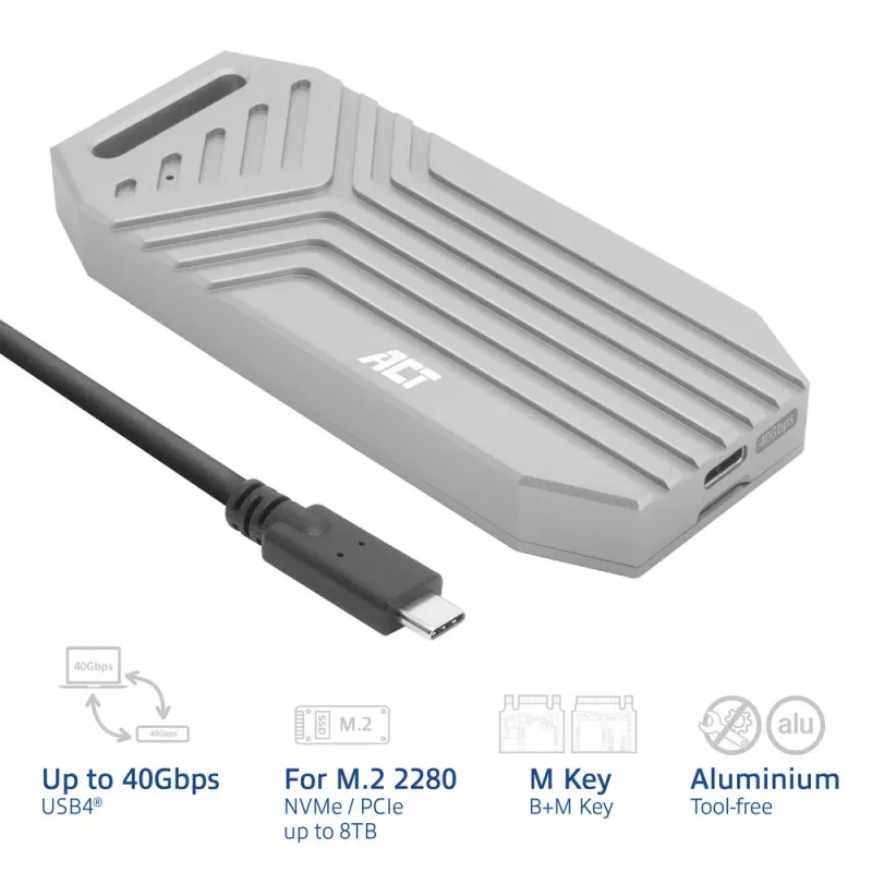 ACT USB 40 Gb/s M.2 2280 NVMe / PCIe SSD enclosure, beznarzędziowy