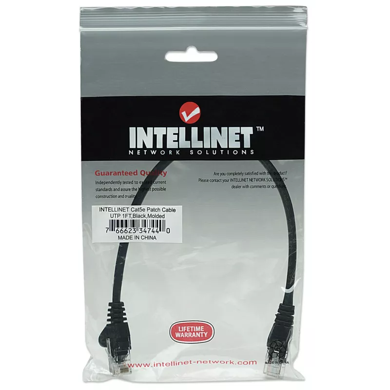 Intellinet Network kabel krosowy, Cat5e, 0.25m, czarny, CCA, U/UTP, PVC, RJ45, pozłacane styki, bez zaczepów, osłona, dożywotnia gwarancja