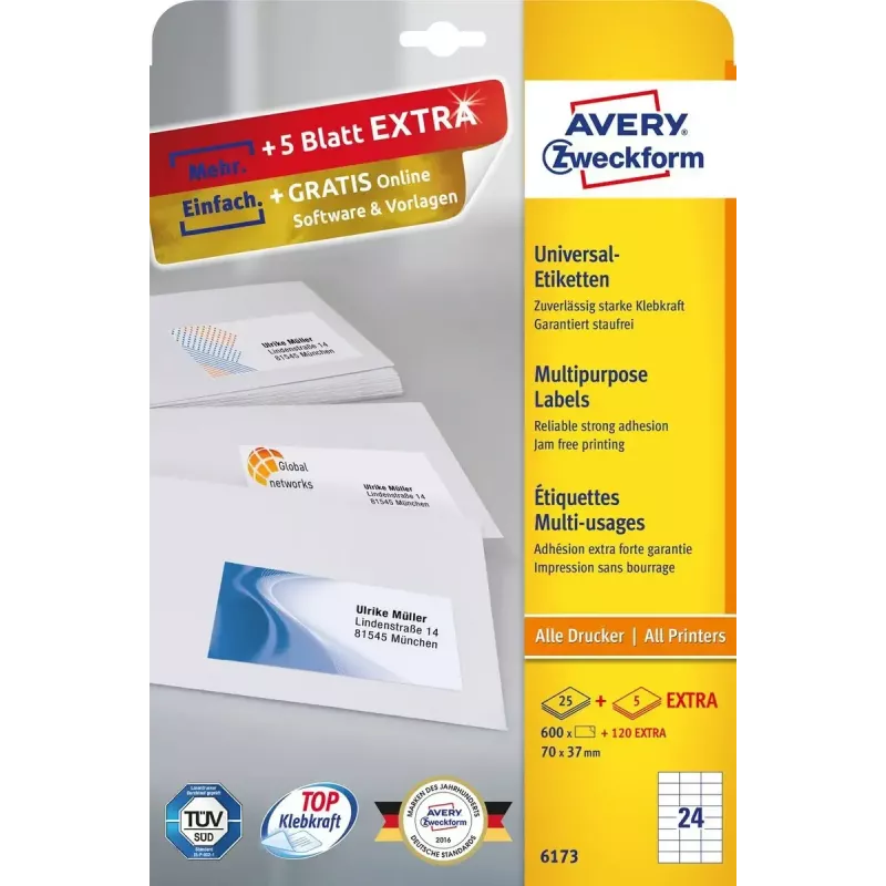 Etykiety samoprzylepne Avery Zweckform 6173 Prostokątne Trwałe Białe — 720 szt.