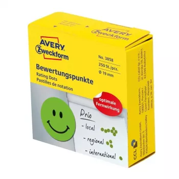Samoprzylepne etykiety okrągłe Avery Zweckform 3858, zielone, klej trwały, śr. 1,9 cm, 250 szt.