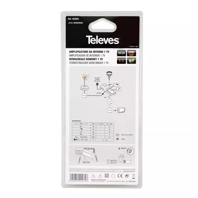 Wzmacniacz sygnału telewizyjnego Televes 553504 88 - 1006 MHz Złącze F AC 220 - 230 V