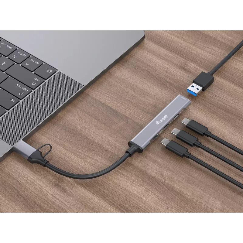 Koncentrator USB 3.2 Gen 1 4-portowy EQUIP — 3× USB‑C + 1× USB‑A, 5 Gbit/s, aluminium, szary