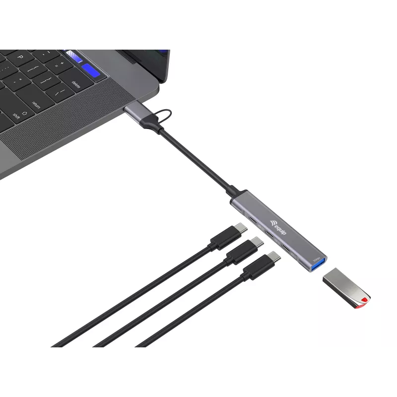 Koncentrator USB 3.2 Gen 1 4-portowy EQUIP — 3× USB‑C + 1× USB‑A, 5 Gbit/s, aluminium, szary