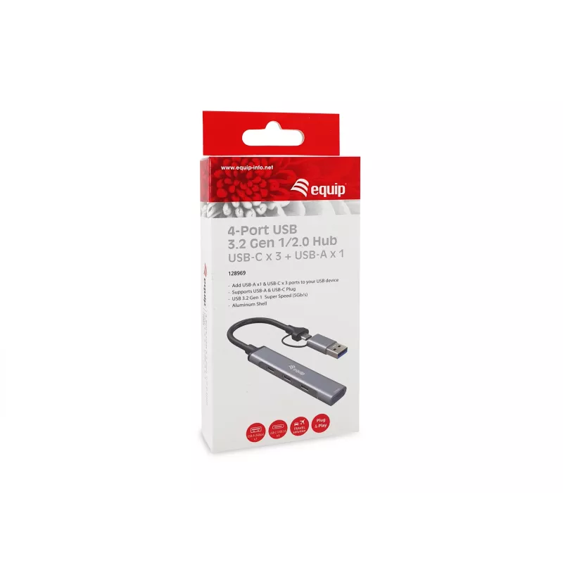 Koncentrator USB 3.2 Gen 1 4-portowy EQUIP — 3× USB‑C + 1× USB‑A, 5 Gbit/s, aluminium, szary