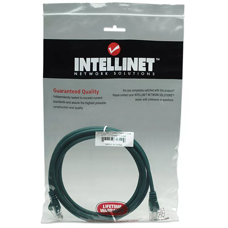 Intellinet Patchcord sieciowy, Kat. 5e, 15 m, zielony, CCA, U/UTP, PVC, RJ45, pozłacane styki, bezzaczepowa wtyczka, osłona wytopowa, dożywotnia gwarancja