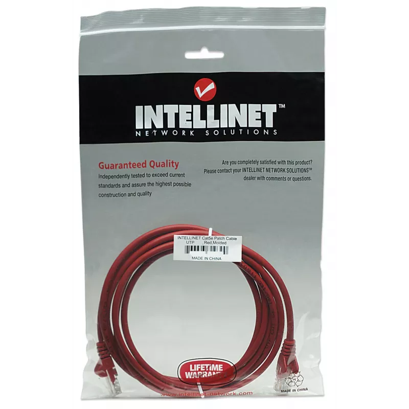 Intellinet kabel krosowy sieciowy, Cat5e, 15m, czerwony, CCA, U/UTP, PVC, RJ45, pozłacane styki, snagless, osłonięty, dożywotnia gwarancja
