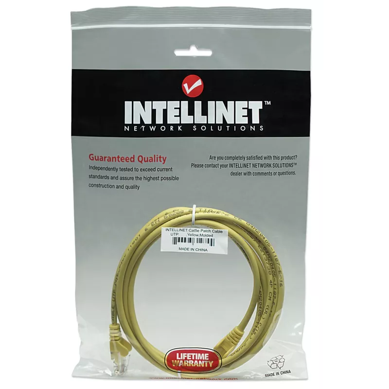 Intellinet sieciowy kabel krosowy, Cat5e, 15m, żółty, CCA, U/UTP, PVC, RJ45, pozłacane styki, bezzaczepowa osłona wtyku, osłonięty, dożywotnia gwarancja