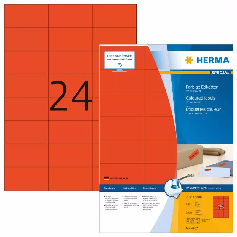 Etykiety HERMA kolorowe A4 70x37 mm czerwony papier mat 2400 szt.